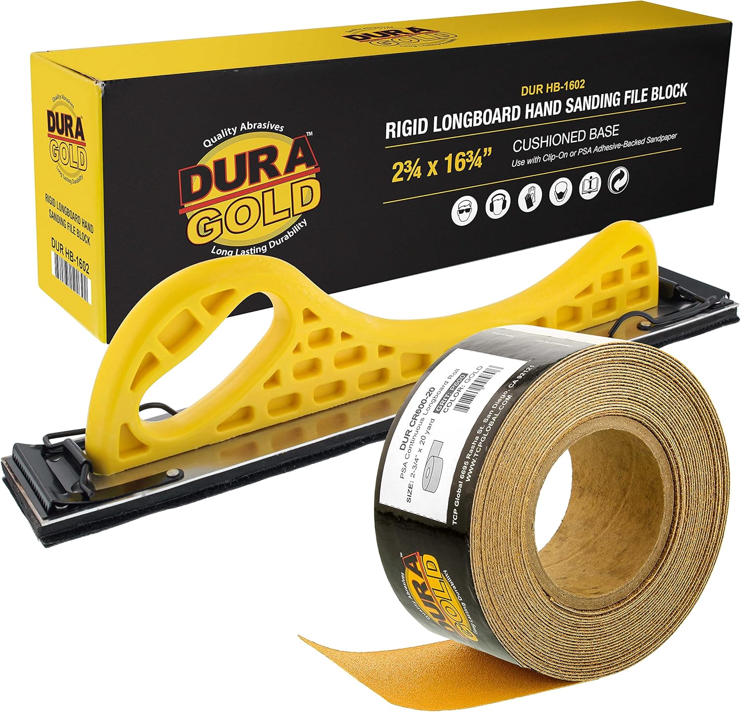 Dura-Gold Pro Series Longboard Hand Sanding File Sander Block - Hook & Loop Backing and PSA Backing Adapter Pad & 600 Grit PSA Longboard Sandpaper 20 Yard Roll, 2-3/4" Wide