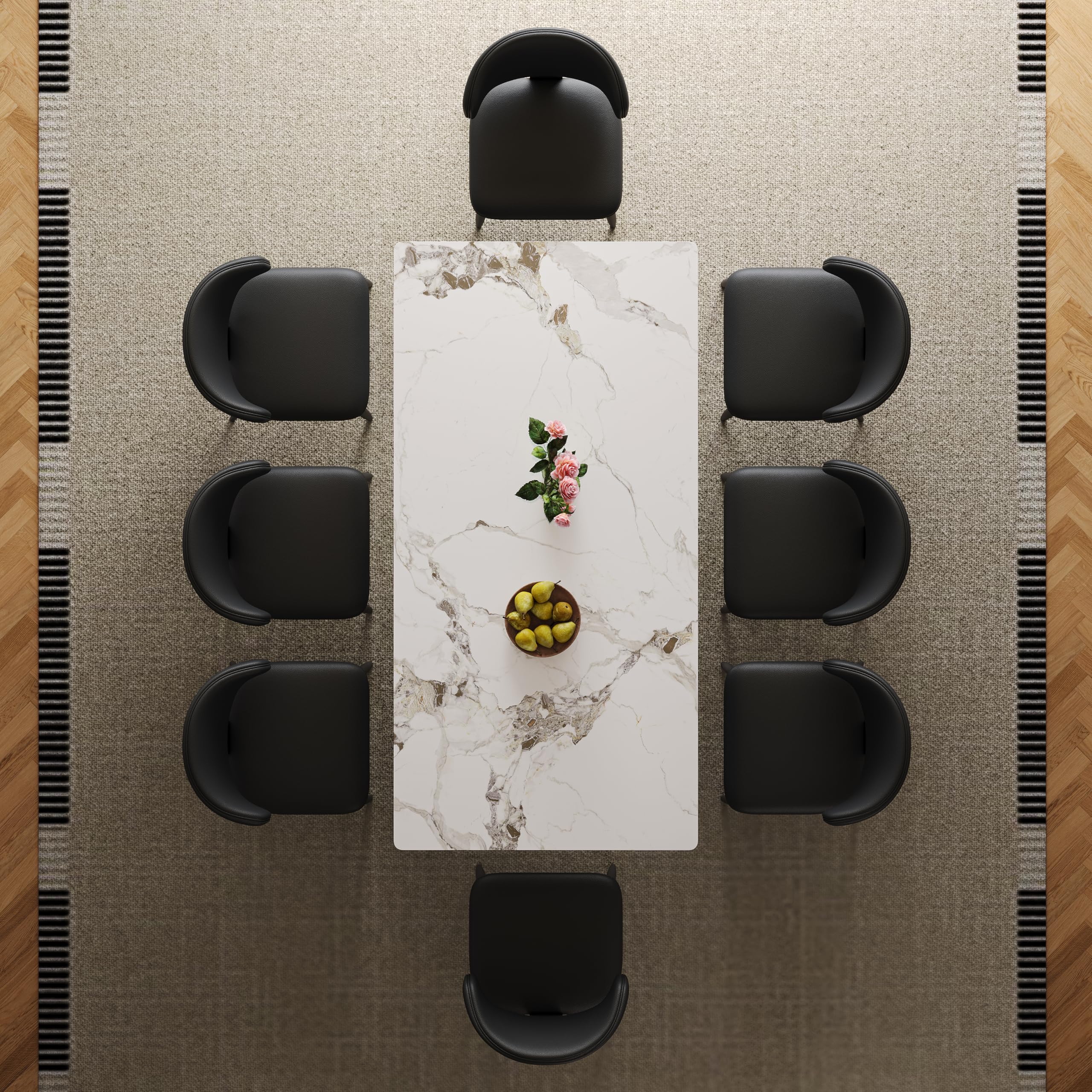 Modern Rectangular Dining Table with Sintered Stone Top and Stainless Steel Hourglass Base, Upholstered Chairs Dining Room Set for Kitchen Home Office