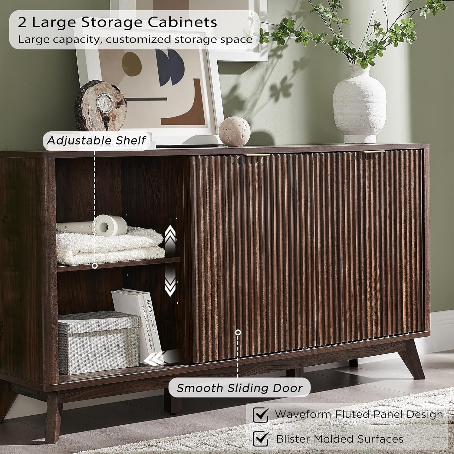 T4TREAM 60" Fluted Dresser with Sliding Doors and 4 Drawers, Modern Chest, Curved Profile Design, Dresser TV Stand, Wood Drawer Organizer for Bedroom, Living Room, Dark Walnut