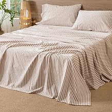 MooMee Striped Flat Top Sheet Only 100% Washed Cotton Linen Like Textured Breathable Durable Soft Comfy Orange Classic Stripes, Queen