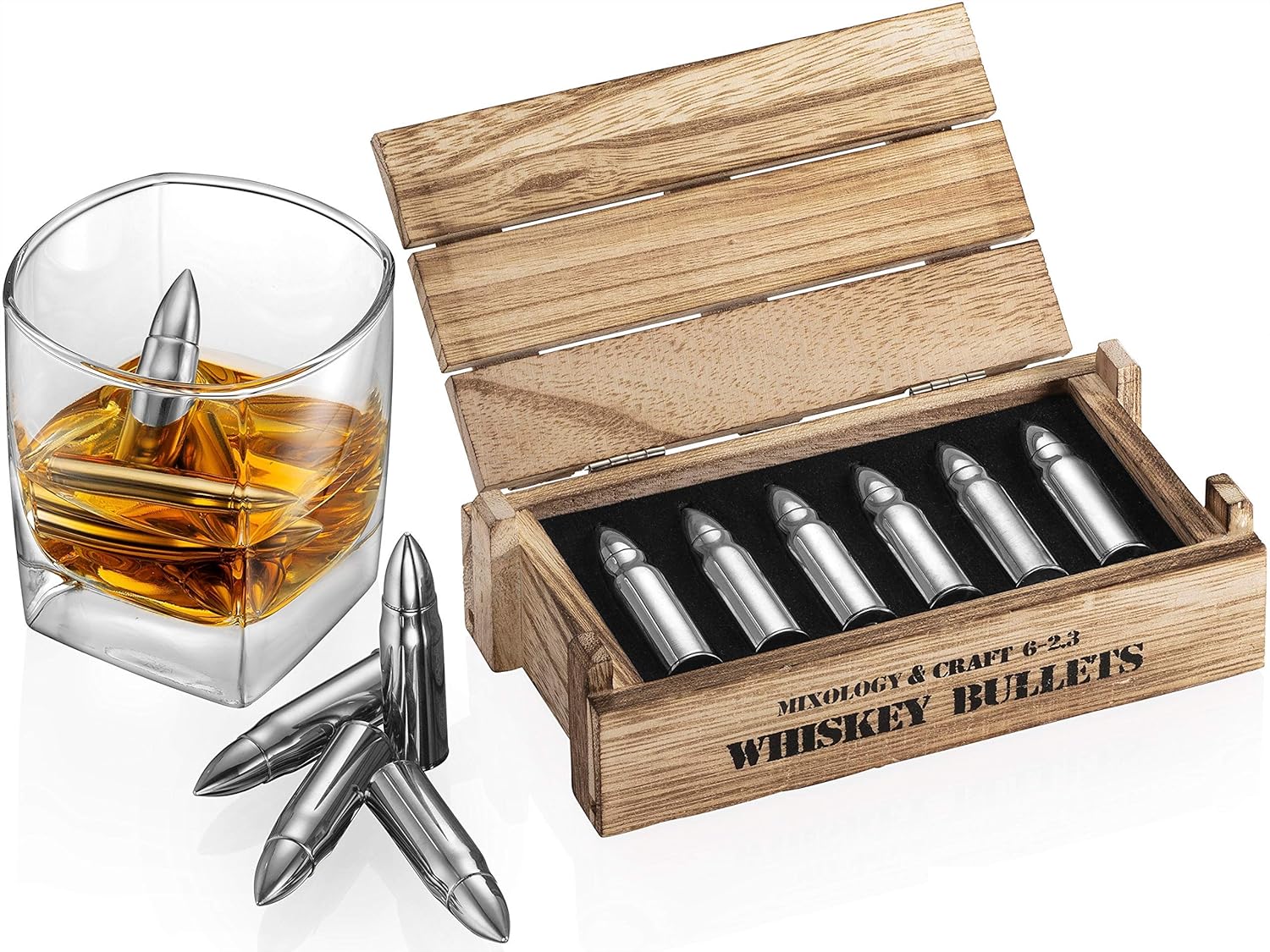 Exclusive Whiskey Stone Bullets Gift Set - Stainless Steel Bullet shaped Whiskey Stones in a Wooden Army Crate | Reusable Bullet Ice Cube for Whiskey | Whiskey Gift Set for Men, Dad, Husband, Boyfriend (Silver)