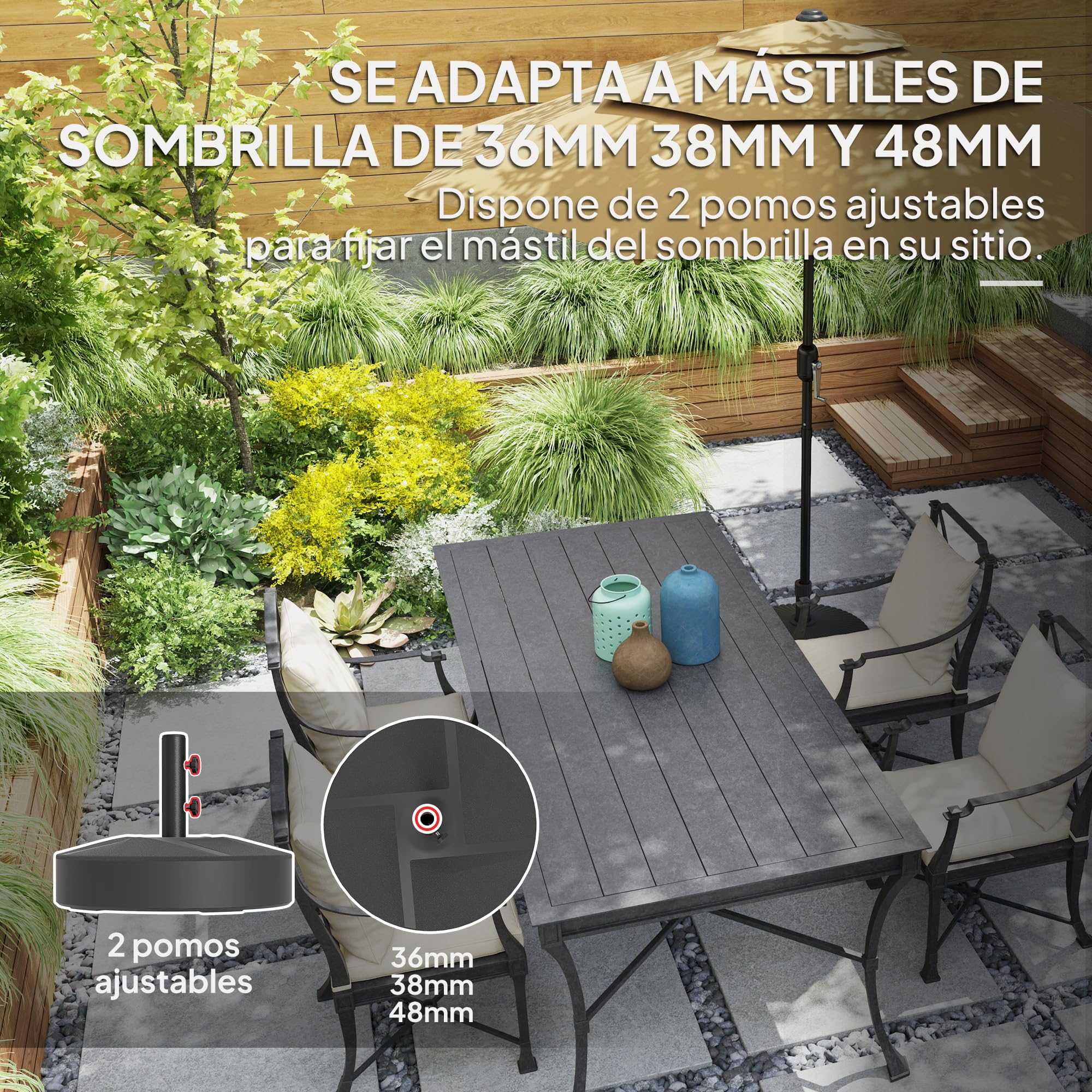 Outsunny Base para Sombrilla Redonda Soporte 25L o Arena 30kg Negro | Pie para Sombrilla, Rellenable con Agua, Jardín Terraza