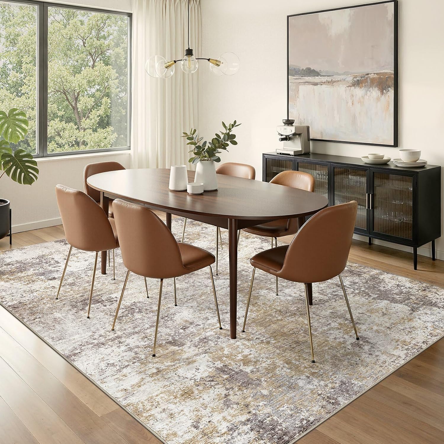 Nakagishi 8X10 Area Rugs for Living Room: Washable Modern Abstract Rug with Non-Slip Silicone Backing Low Pile Soft Carpet for Bedroom & Dining Decor Ideal for Families with Kids and Pets-Brown