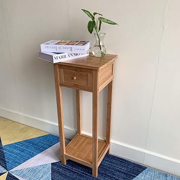 Stylish Bamboo Tall Side Table Nightstand-Perfect for Bedroom or Living Room-Drawer and Lower Shelf for Storage-Slim Design Ideal for Narrow Spaces such as Hallways or Beside Beds