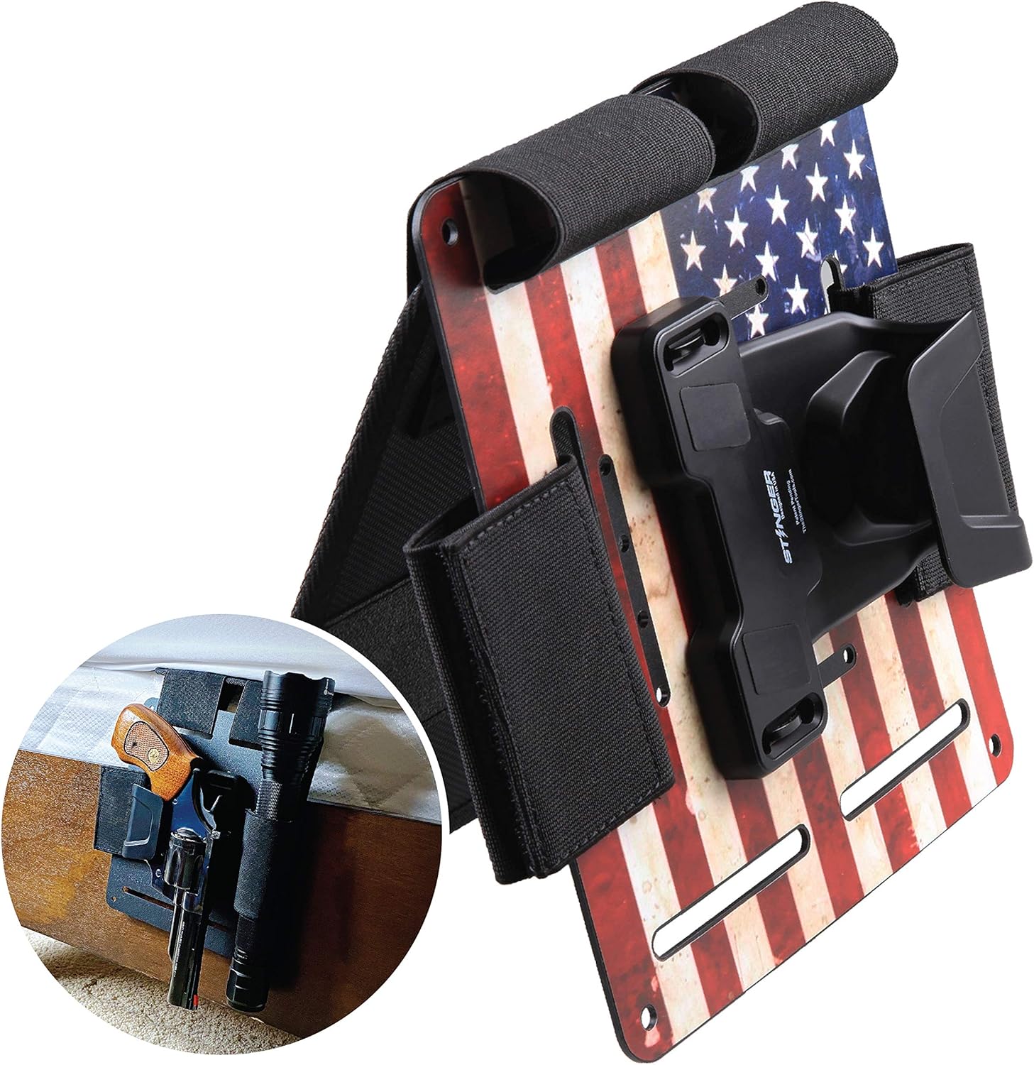 Stinger Tactical Bedside Holster w/ Magnetic Gun Mount: Safety Trigger Guard Protection, Bedside Backup, Bedside Pistol / Handgun Holster, Mattress Holster, Magazine and Flashlight Loop, Under Desk, Couch