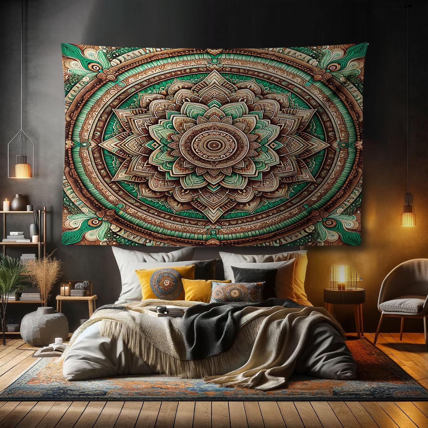 Ambesonne Green Tapestry, Psychedelic Style Symmetrical Ethnic Design Bicolor Folk Mandala Illustration, Fabric Wall Hanging Decor for Bedroom Living Room Dorm, 90" X 60", Chestnut Brown