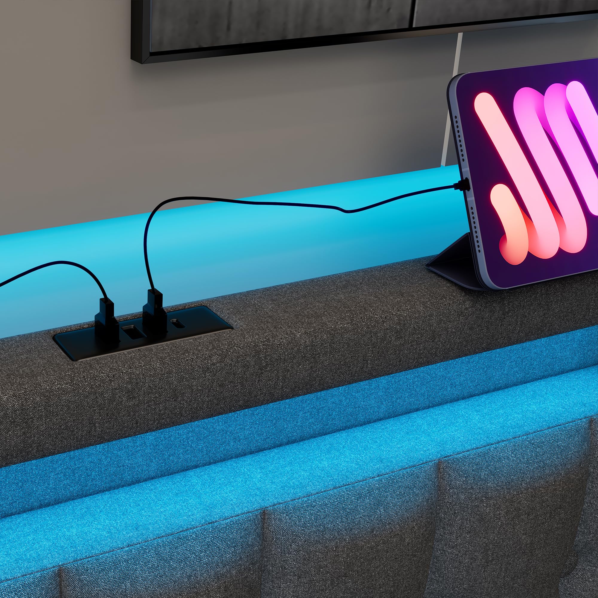 Modernes Polsterbett 90x200cm | Grau | USB-C Ladefunktion | LED-Beleuchtung | 2 Schubladen | Smart Home App | Fernbedienung | Robuster Lattenrost | Jugendbett | Stauraumbett