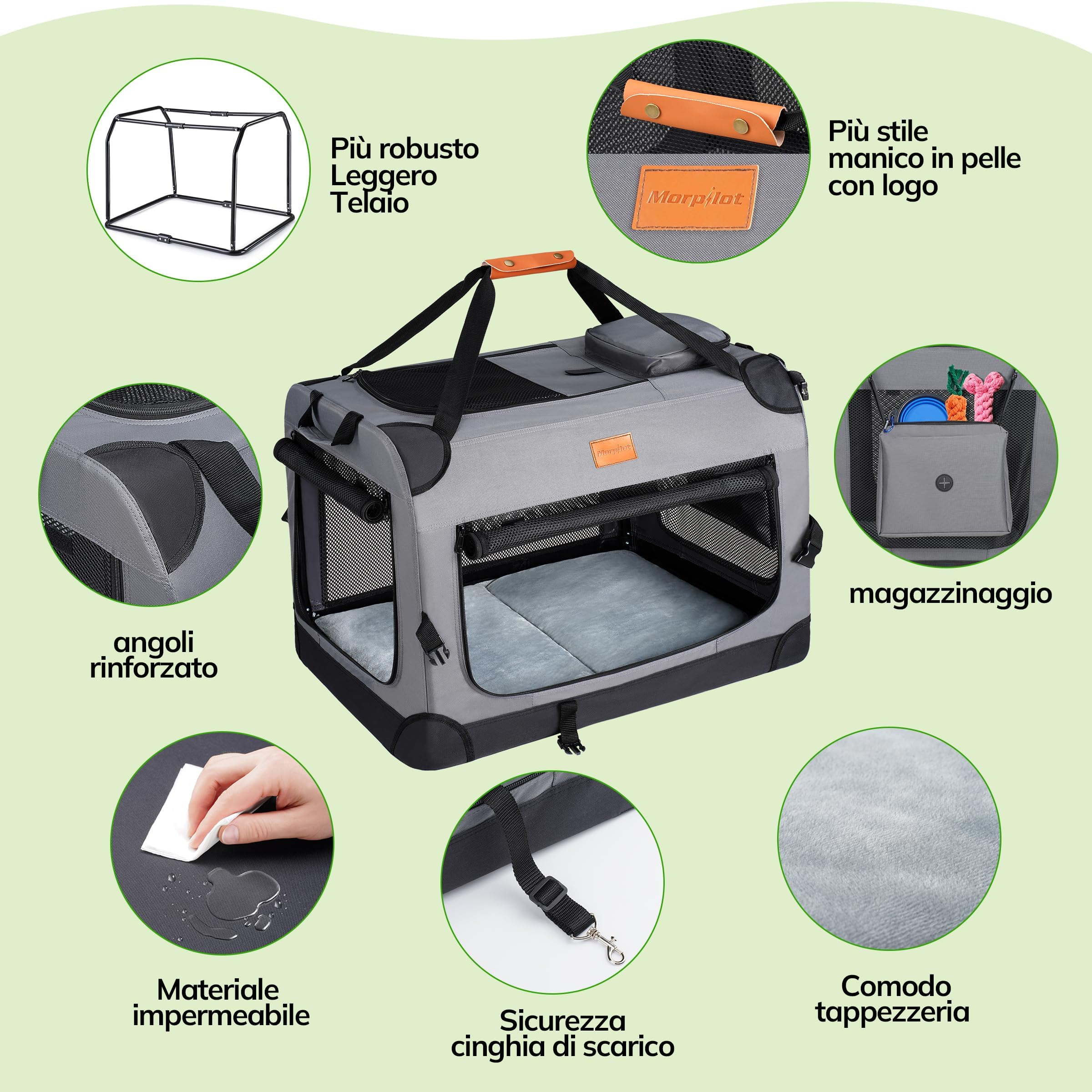 Morpilot Trasportino per gatti grandi e cuccioli fino a 12 kg, con cerniere di sicurezza, pieghevole, per il trasporto di gatti e cani, per andare al veterinario, 60x42x42cm, Grigio Fumo(M)