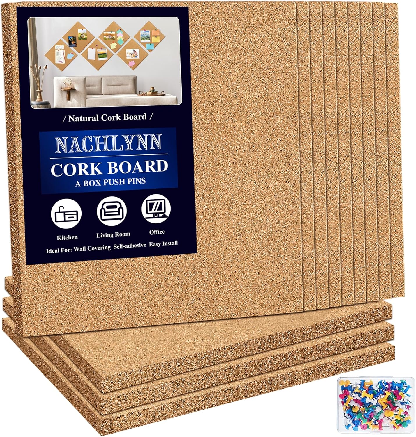 NACHLYNN Cork Board 12 Pack 17 x 8 Square Bulletin Board for Wall Self-Adhesive Corkboards with 100 Push Pins Frameless Cork Tiles for Walls Home Office
