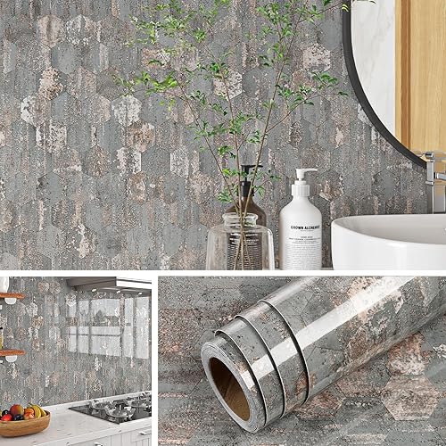 Miniatura 8 de Livelynine Papel tapiz de cocina de 15.8 x 197 pulgadas, despegar y pegar, piedra geométrica oscura para calcomanías de cocina, azulejos de pared