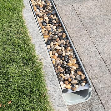 Channel Drain Kit for Cobble Stones Filling, Outdoor Drain Stainless Steel Grate, Trench Drainage Gutter for Yard/Patio/HousesideW-15cm5.9" x H-15cm5.9"