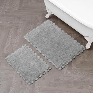 Laura Ashley Heathered Crochet Border 100% Cotton 17" x 24" / 20" x 32" 2-Piece Skid-Resistant Bath Rug Set, Dark Grey