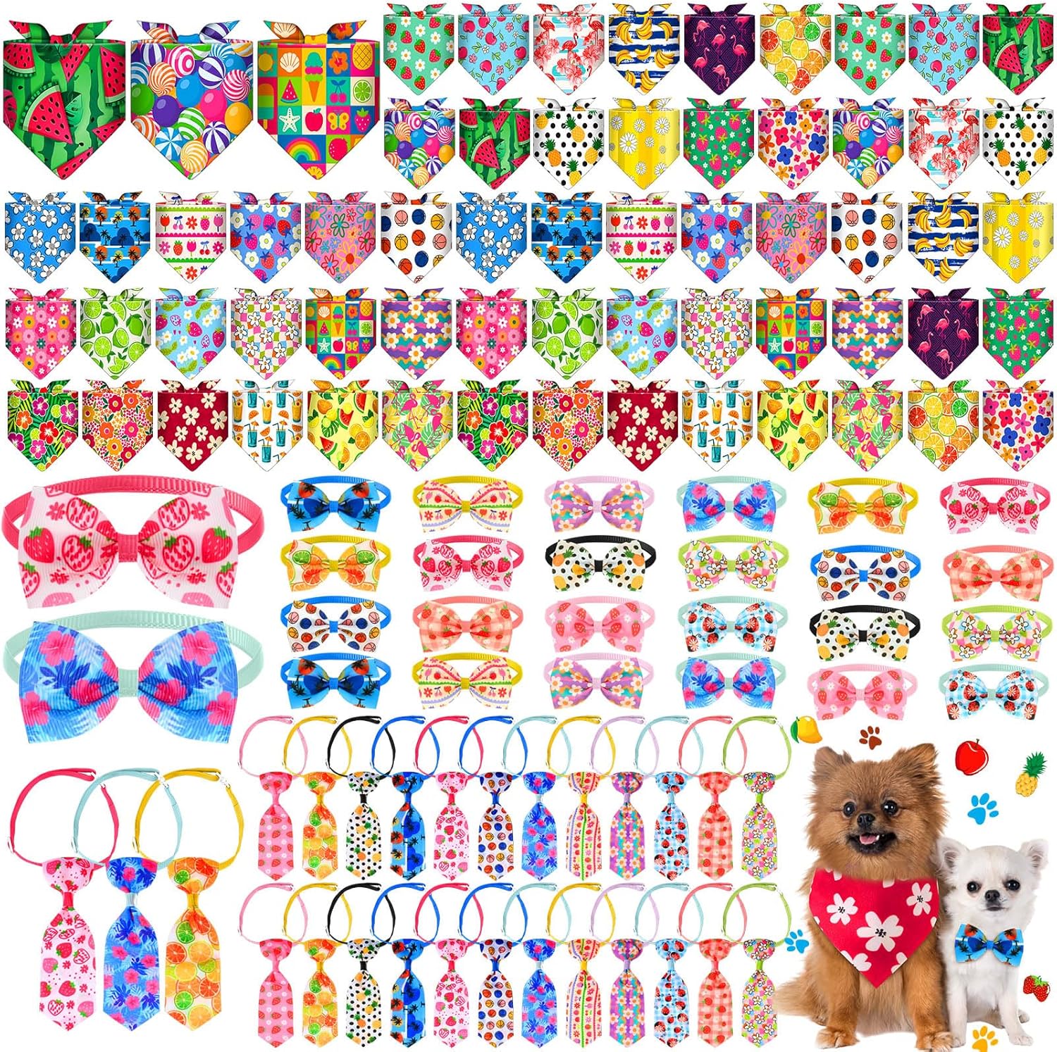 Sanwuta 108 Pcs Summer Bandanas Hawaii Bandanas for Dogs Colorful Bow Ties Pet Bowknot Triangle Pet Scarf Collar Bowtie for Spring Summer Holiday Birthday Grooming Costume Accessories