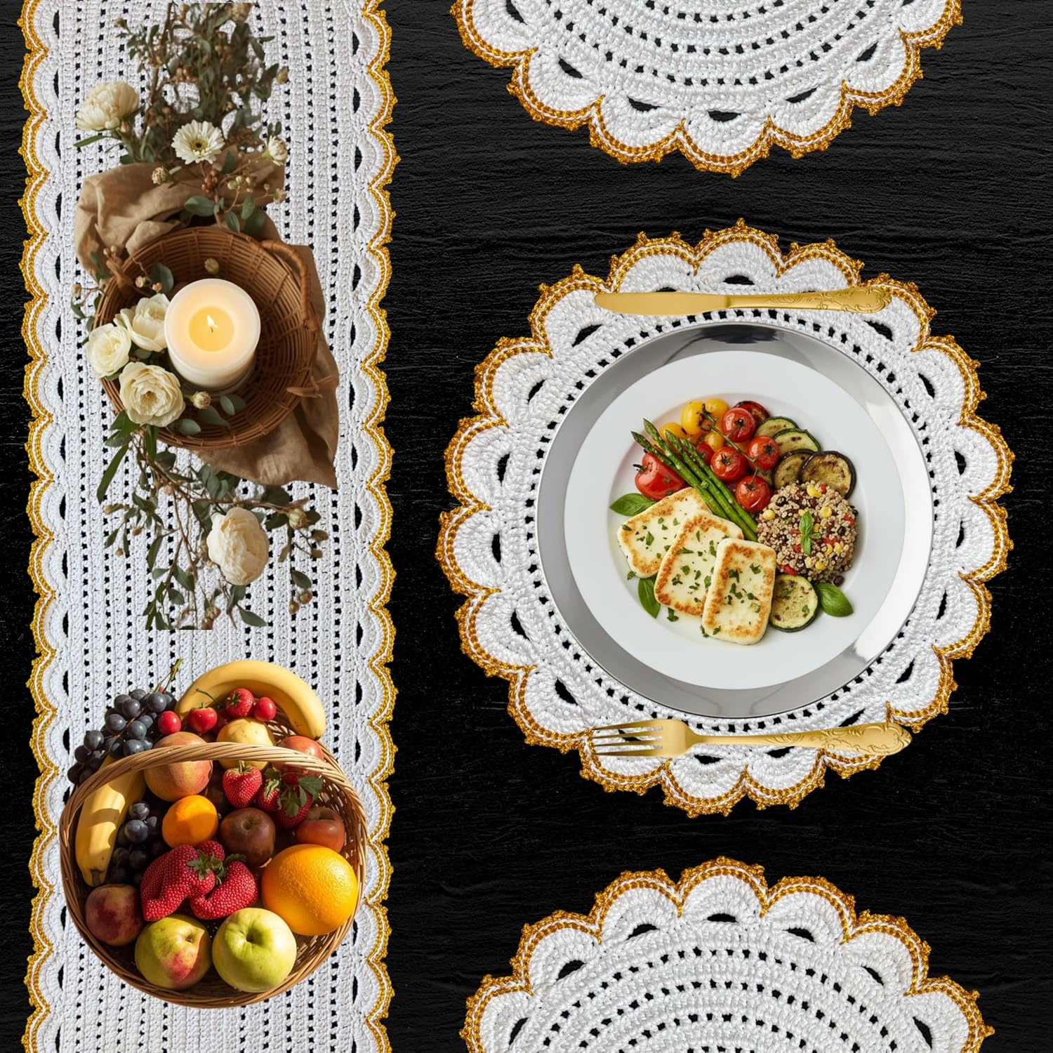 Handmade Crochet Table Runner & Placemat Set, Premium Look with Gold Border, Heat Resistant, Machine Washable Dining Table Decor (White Gold)