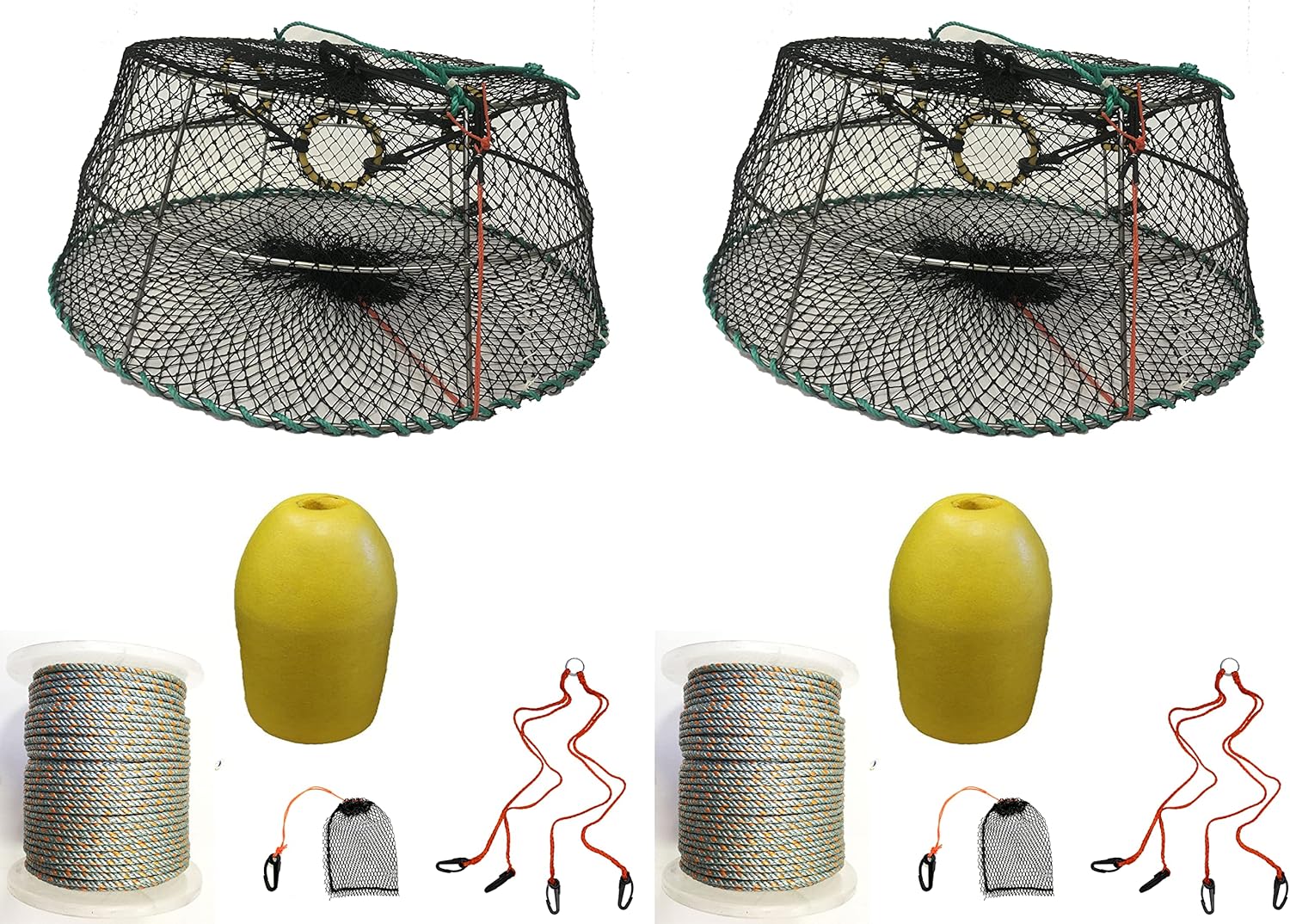 2-Pack of KUFA Sports Tower Style Prawn Trap(Stretched Mesh Size:1-3/4") with 400' Rope, Yellow Float, Bait Bag & Harness Combo