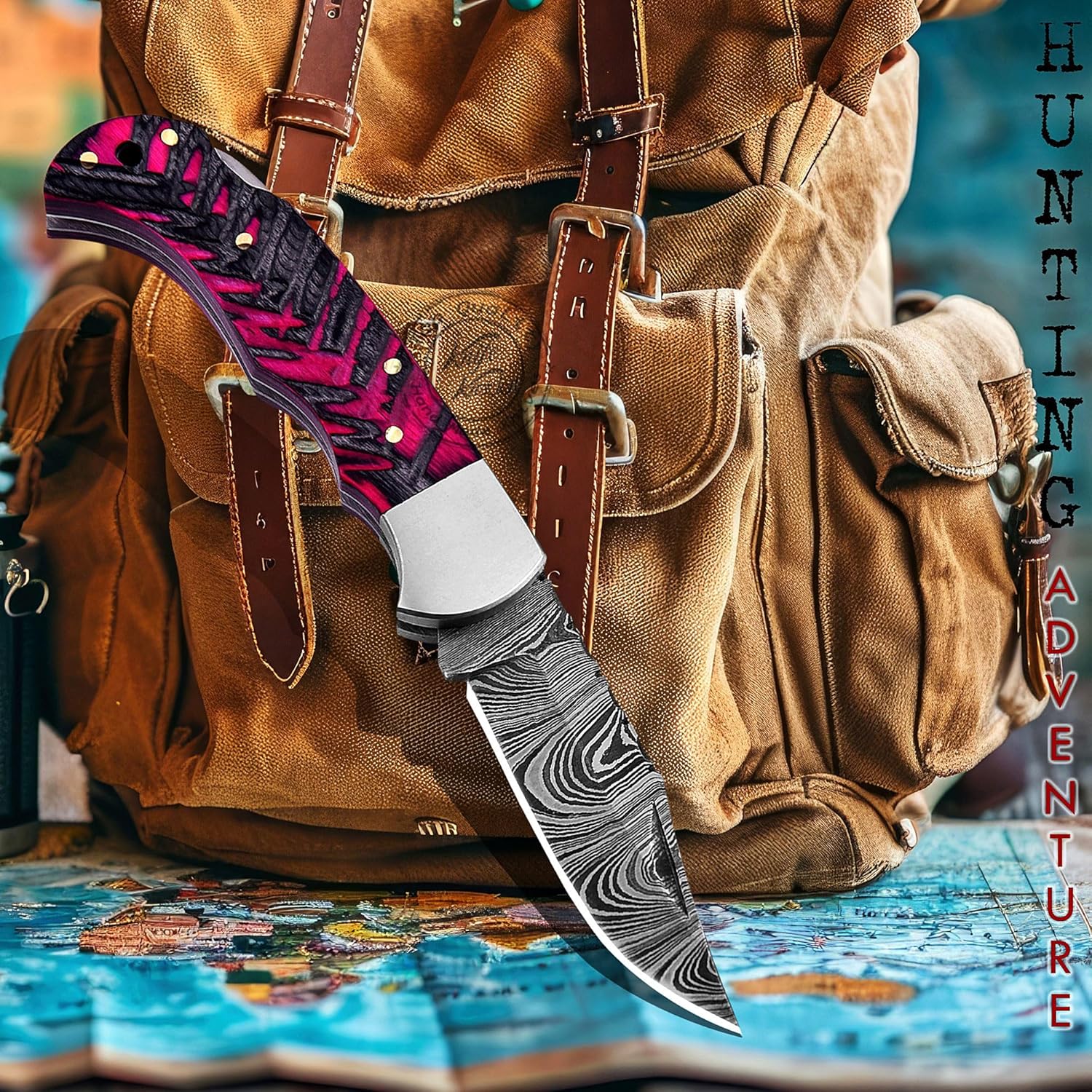 Pink & Black Grooved 6.75'' Handmade Damascus Steel Folding Pocket Knife with Back Lock for EDC, Camping, 100% Prime Quality, KKH-60