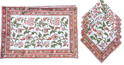 Rastogi Handicrafts Juego de 6 manteles individuales 100 % algodón estilo indio para mesa de comedor y servilletas (naranja 1)