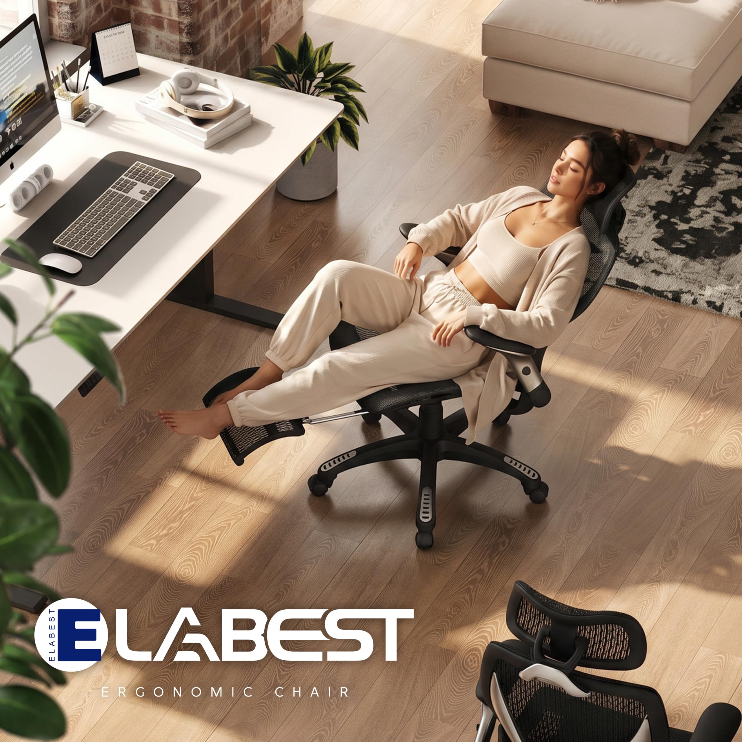 ELABEST X100 Ergonomischer Mesh-Bürostuhl mit Hoher Rückenlehne & Fußstütze | 3D-Lordosenstütze, 120° Neigung, 3D-Kopfstütze, Schreibtischstuhl mit hochklappbaren 5D-Armlehnen für Homeoffice, bis 136 kg