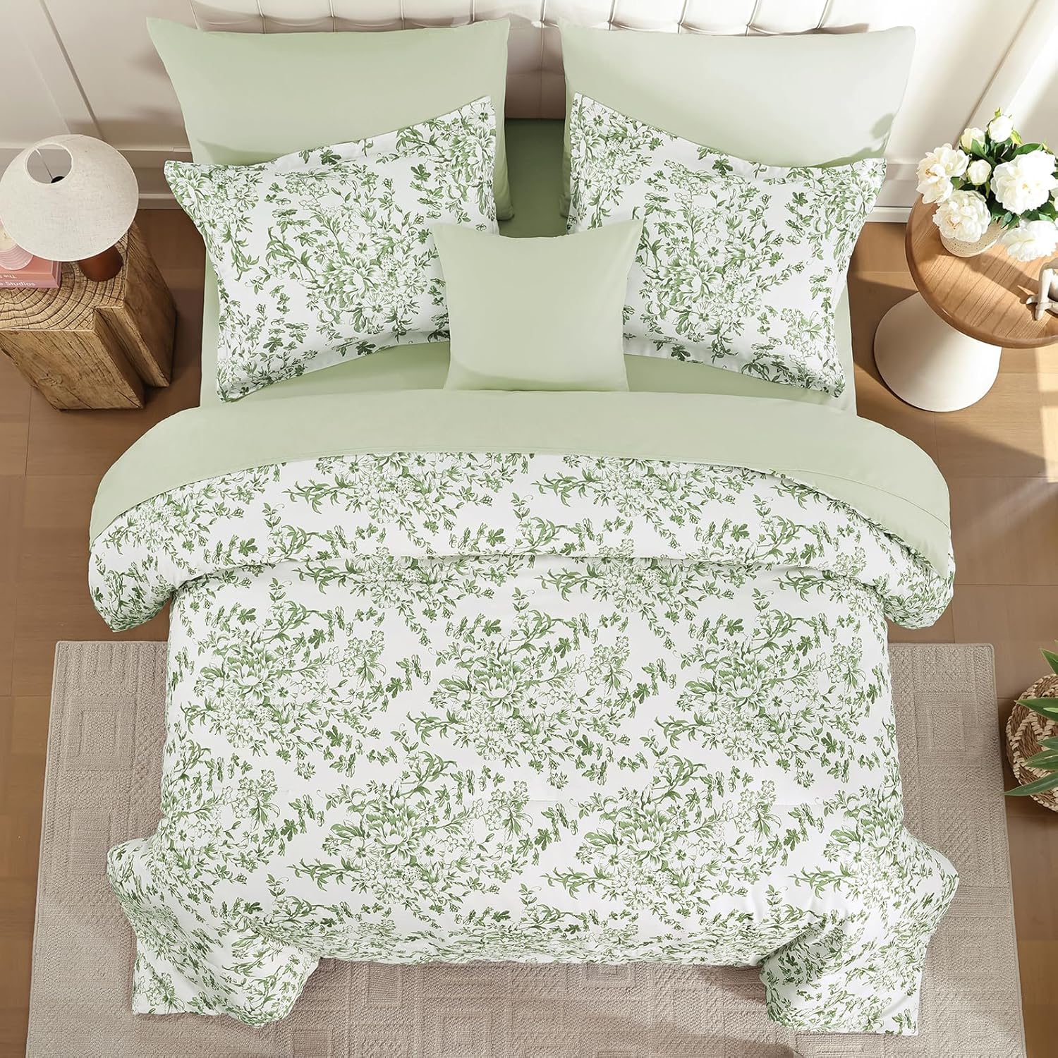 WONGS BEDDING 8 Pieces Queen Size Comforter Set Green, Sage Green Floral Bed in a Bag Comforter Sets, Soft Reversible Botanical Flowers Bedding Sets for All Season (90"x90")