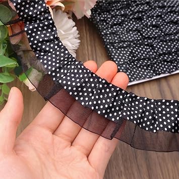 Retro Polka Dot Ruffle Trim 5 Yards Black Gatherd Edge Trim for Costume Home Decor