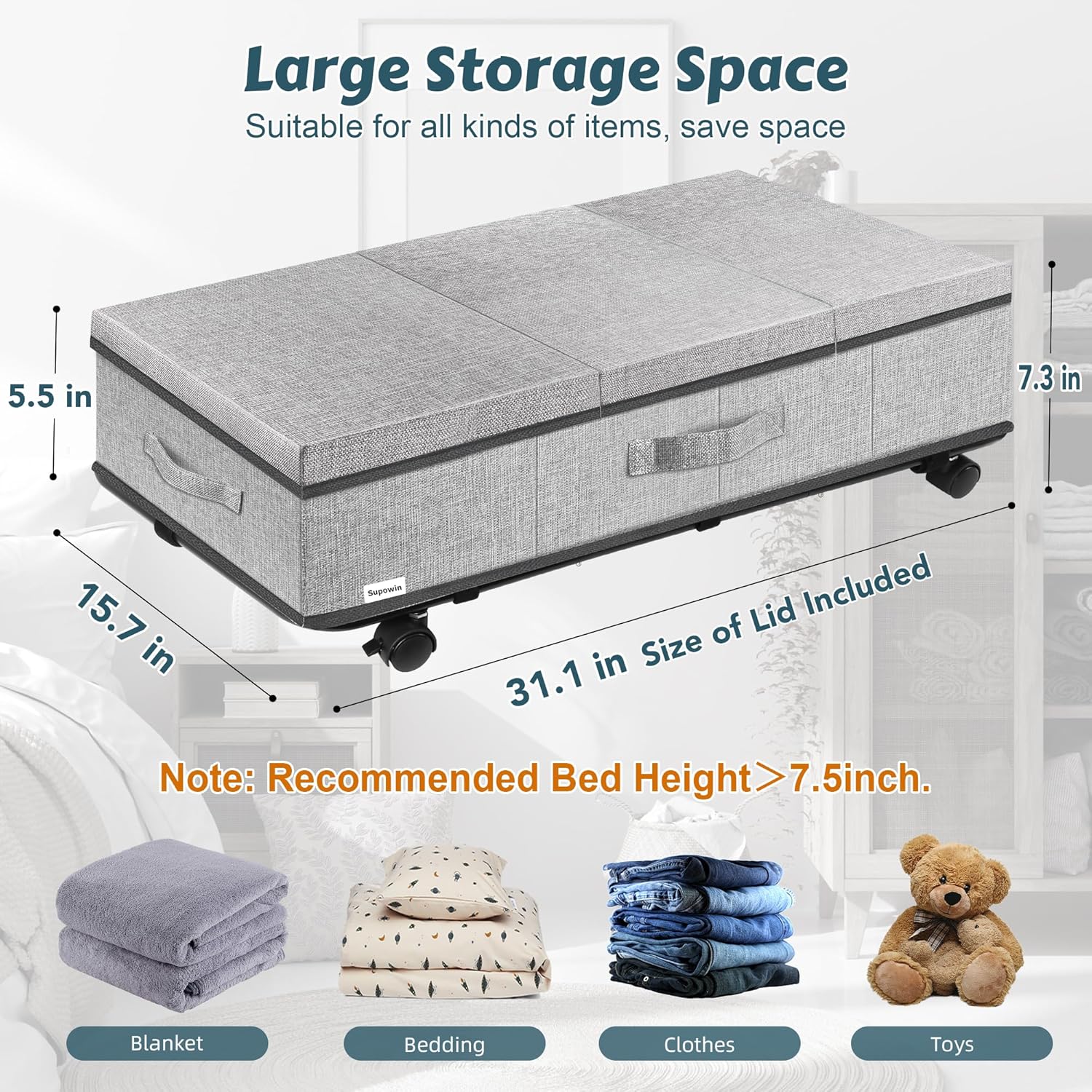 Under Bed Storage with Wheels, Rolling Underbed Storage Containers with Lids, Under Bed Shoe Storage Bins Organizer with Reinforced Metal Bottom Support and Three Handles
