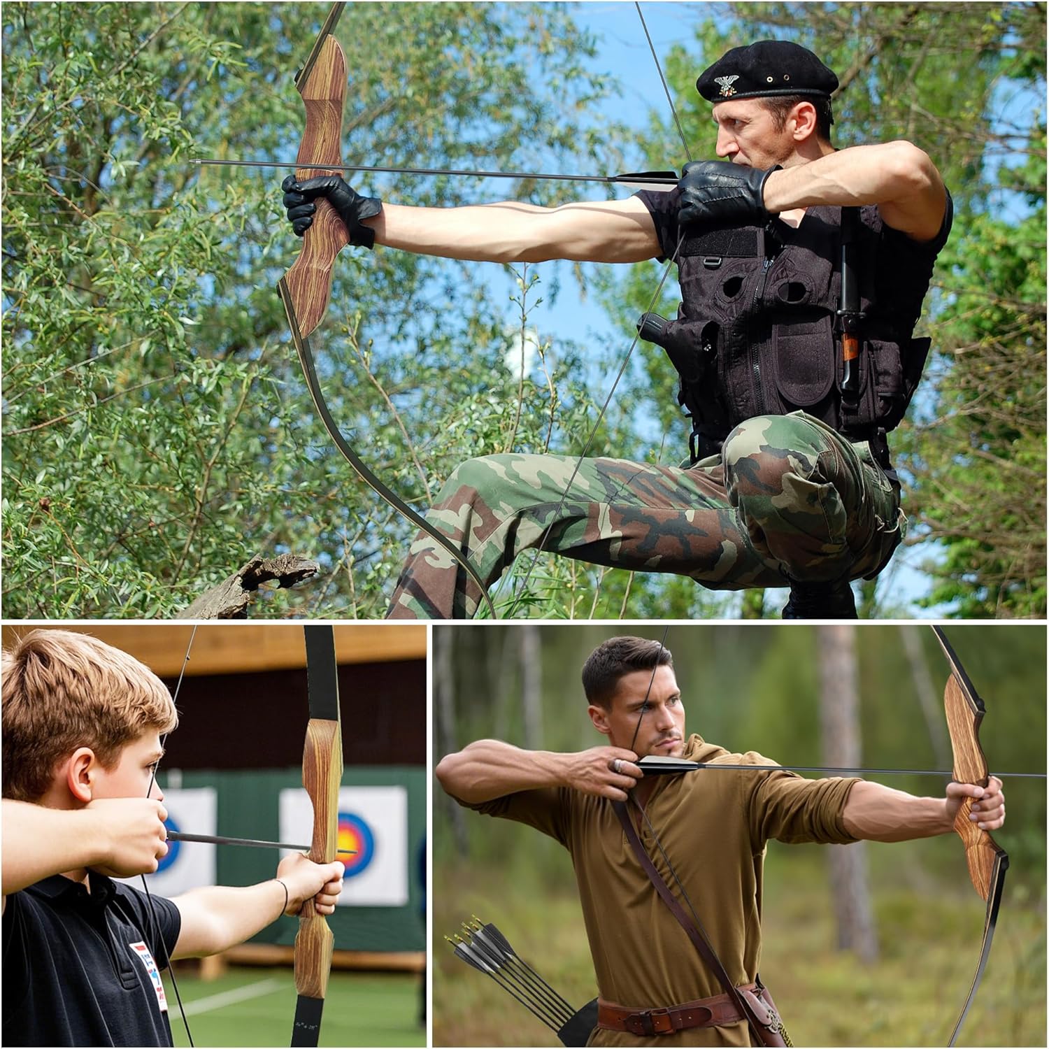 Black Hunter Recurve Bow and Arrow Set, GLURAK 60'' Wooden Takedown Recurve Bows Package, Archery Bow Kit for Target Practice and Hunting, Right Hand, 25-50 Lbs