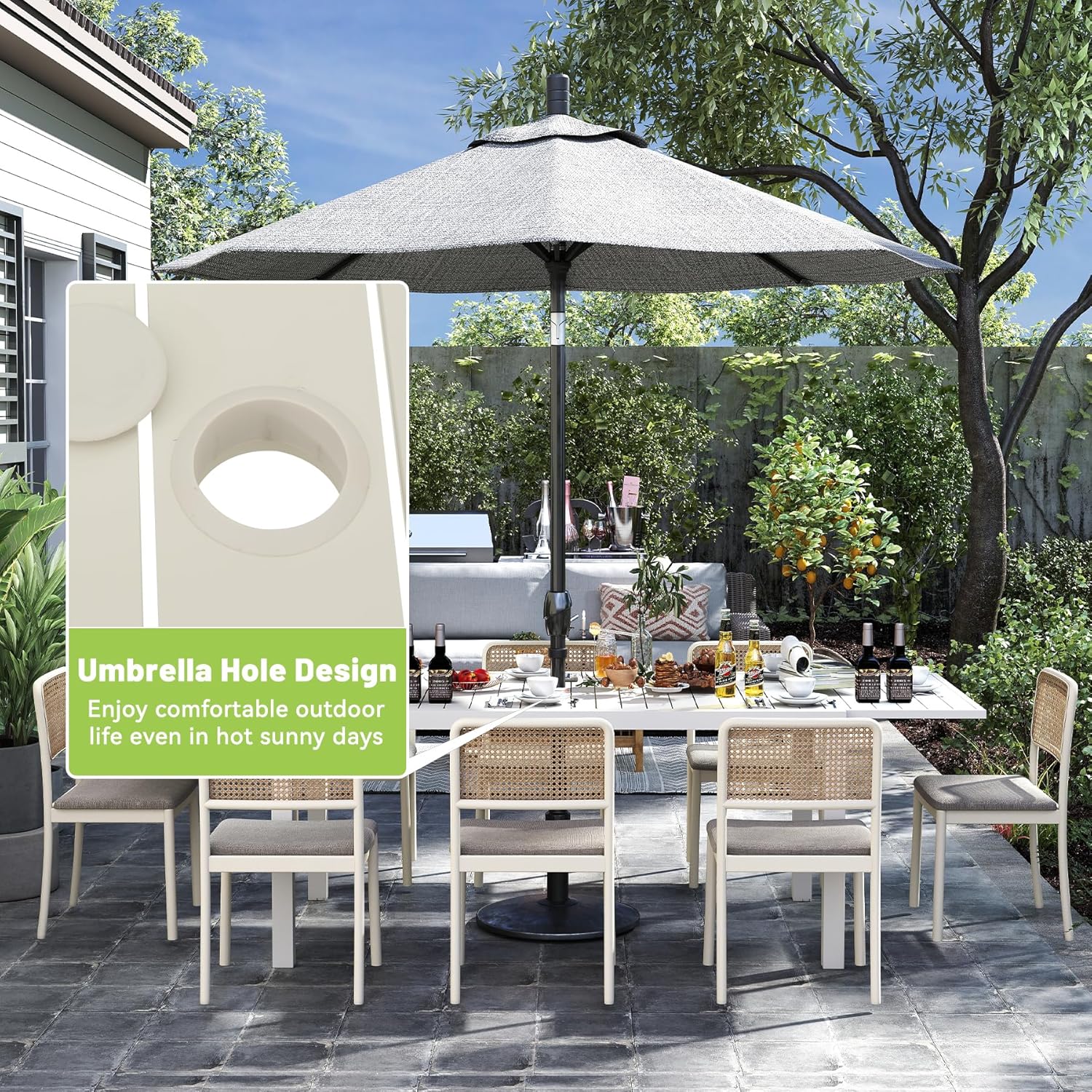 Outdoor Expandable Dining Table for 6-8, Patio Extendable Dining Table with an Umbrella Hole, Aluminum Extendable Table, Expandable Table, Space-Saving-Creamy White