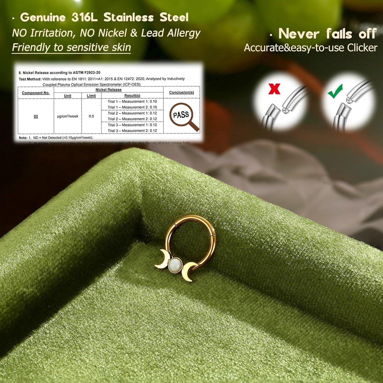 BodyBonita 16G Opal Septum Rings CZ, 316L Surgical Steel Septum Jewelry, Nose Rings Hoops Clicker, Helix Tragus Rook Daith Piercings for Women Men Silver/Gold 8 mm - Image 2