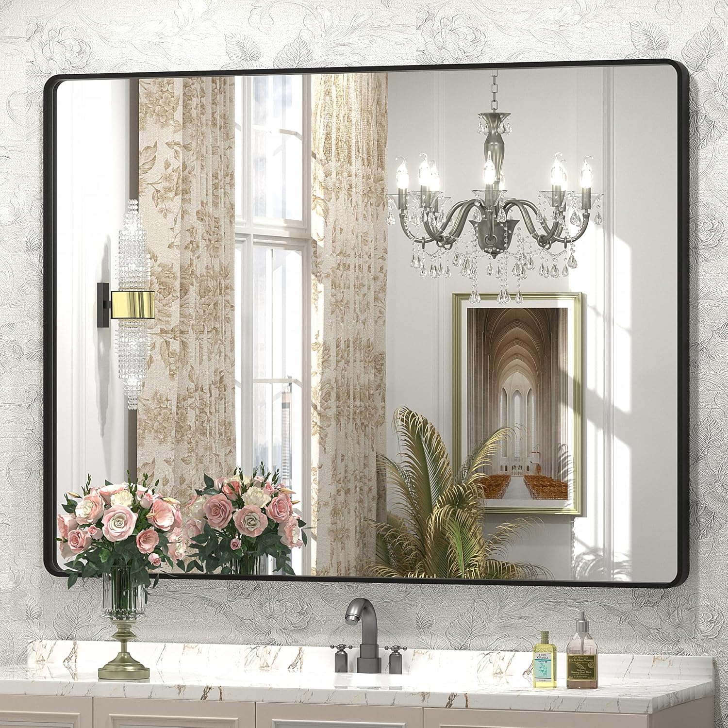 44x36 Inch Black Metal Framed Bathrrom Mirror for Wall Black Matte Rounded Rectangle Bathroom Vanity Mirror Anti-Rust Tempered