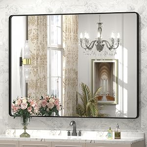 44x36 Inch Black Metal Framed Bathrrom Mirror for Wall Black Matte Rounded Rectangle Bathroom Vanity Mirror Anti-Rust Tempered