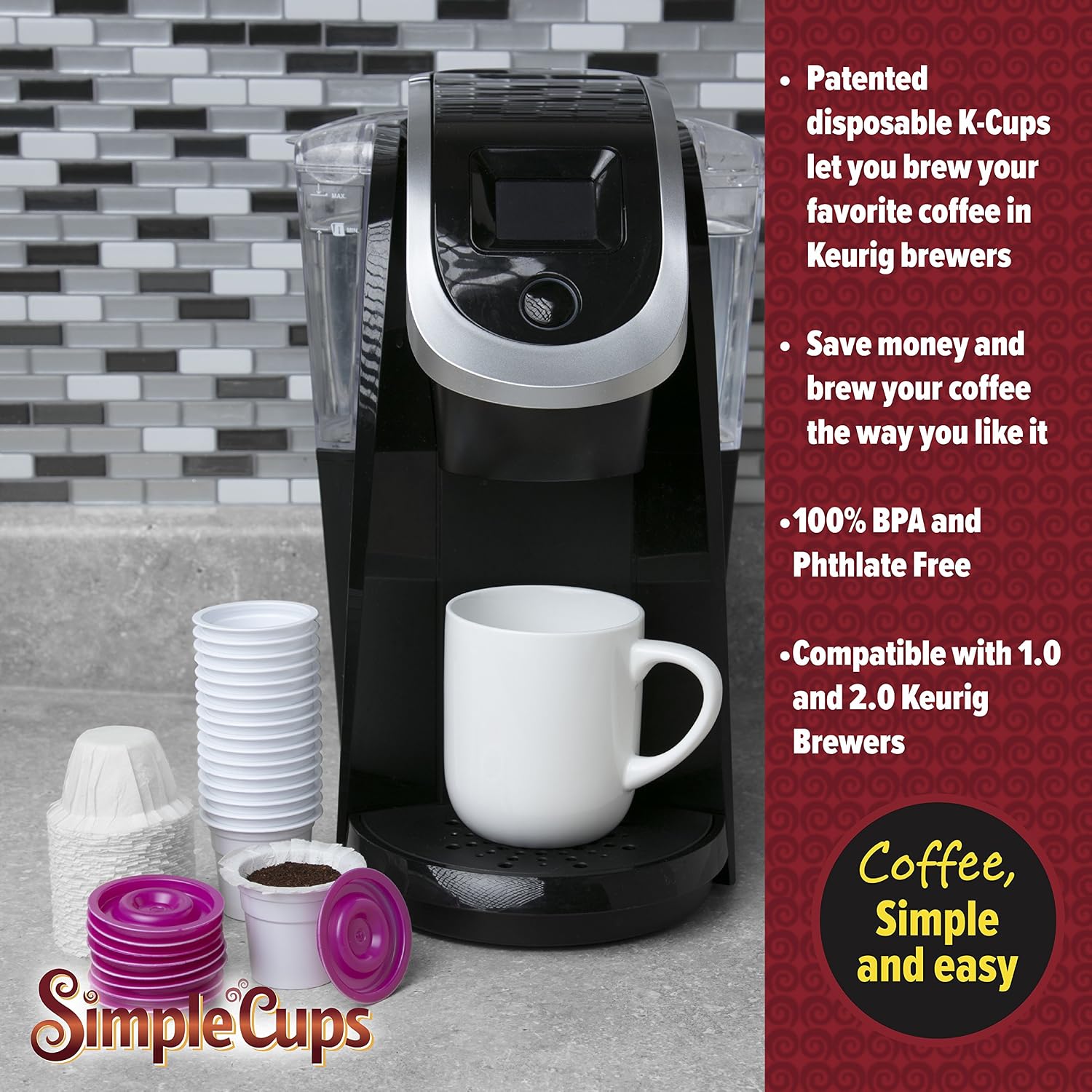 Simple Cups Disposable Cups compatible with Keurig Brewers and other reusable KCUPs and coffee pods- 50 Cups, Lids, and Filters - Use Your Own Coffee - Perfect for the home and office or traveling