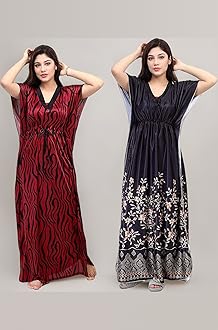 Women's Silk Geometric Print Maxi Kaftan Night Gown (Pack of 2)