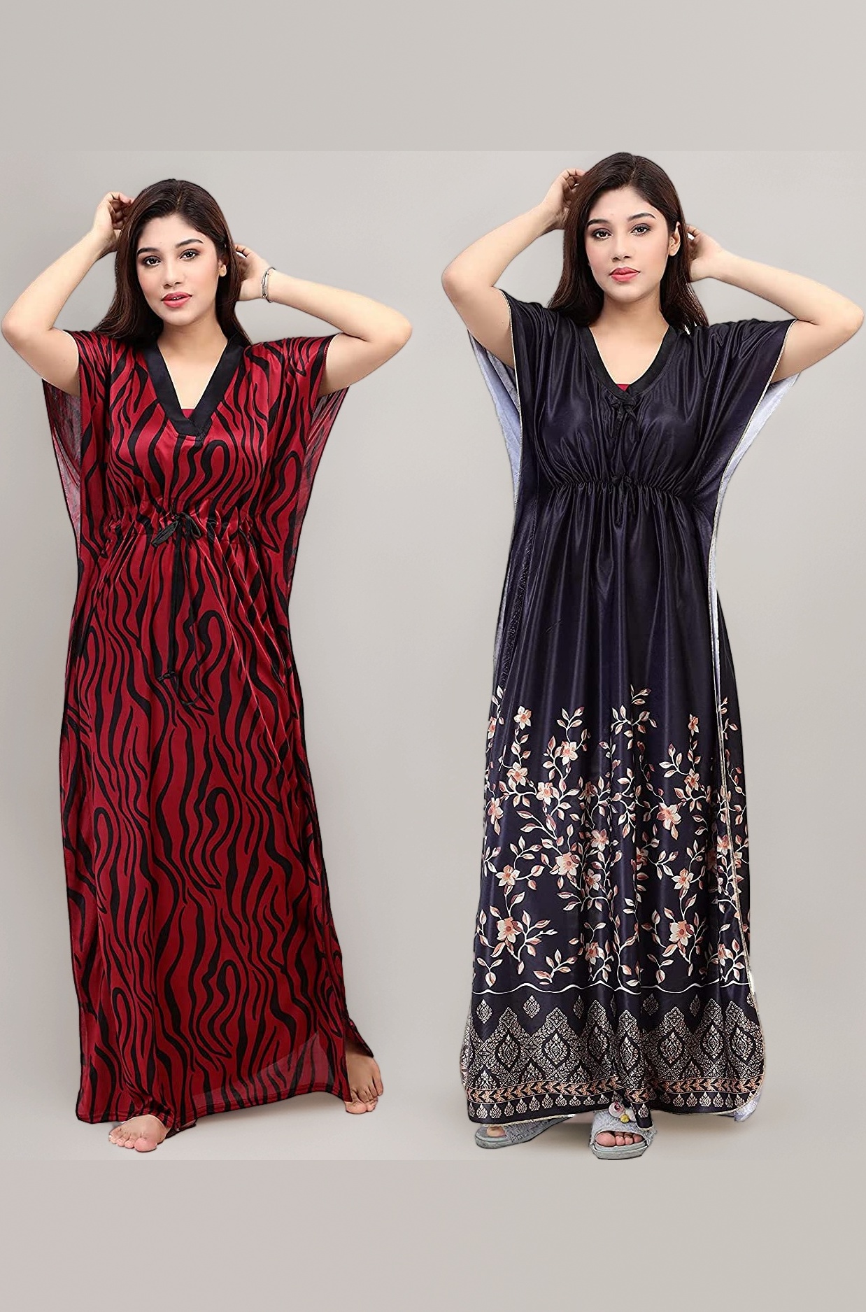 Women's Silk Geometric Print Maxi Kaftan Night Gown (Pack of 2)