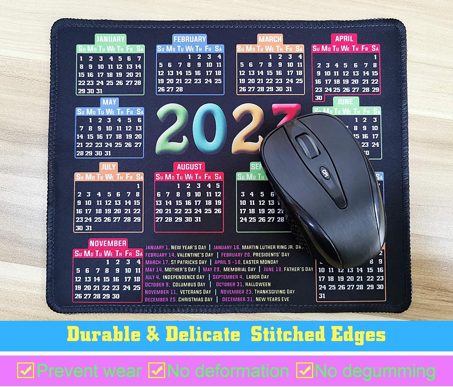 Mouse Pad with Stitched Edge, Computer Mouse Pad with Non-Slip Rubber Base, Mouse Pads for Computers Laptop Mouse 9.6x7.9x0.1 inch (2023 Calendar Black)