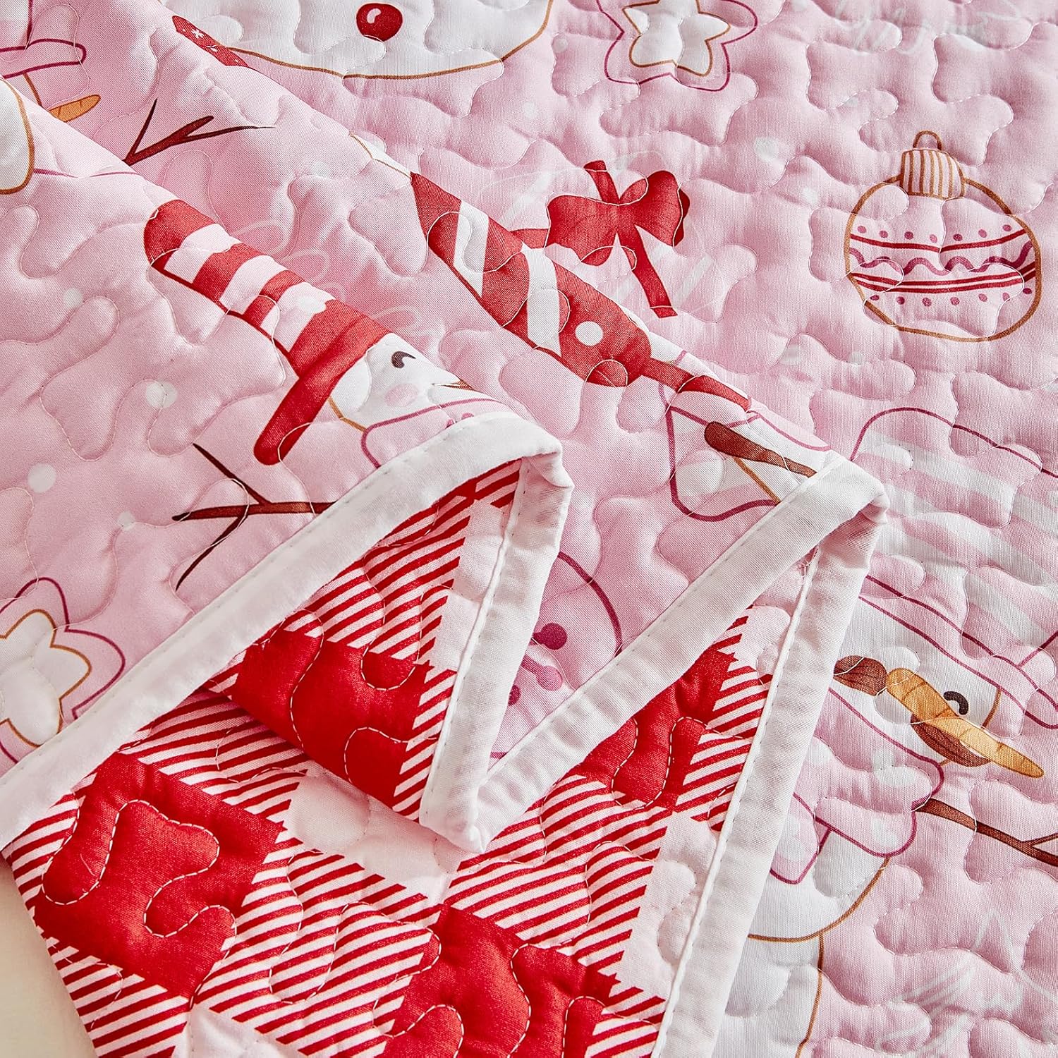 Christmas Quilt Set Twin Size 68x86 - Pink White Snowman n Cute Trees Hears with Red Plaid - Xmas New Year Gingham Style Microfiber Winter Bedding Coverlet Thanksgiving Holiday Bedspread for Girls