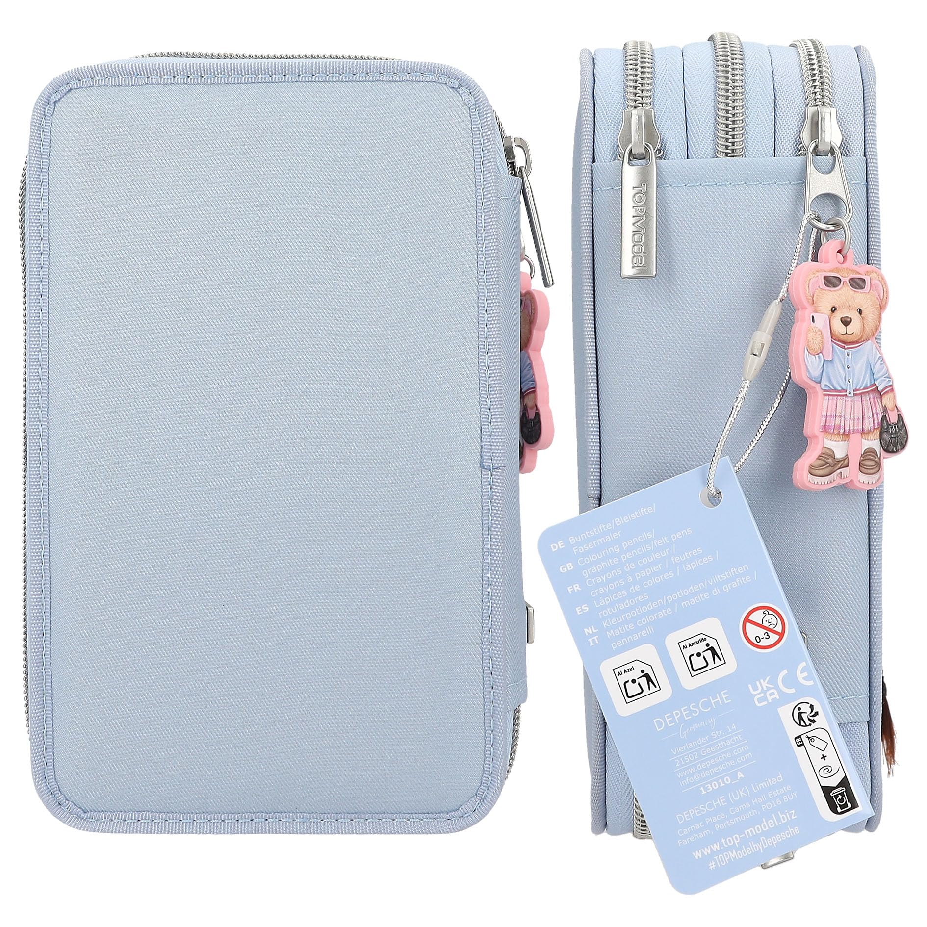 Depesche 13323 TOPModel Juicy - Gevulde 3-vaks etui in stofroze, met stippenpatroon, aapjesapplicatie en fruit, etui met kleurpotloden, schaar, liniaal en nog veel meer