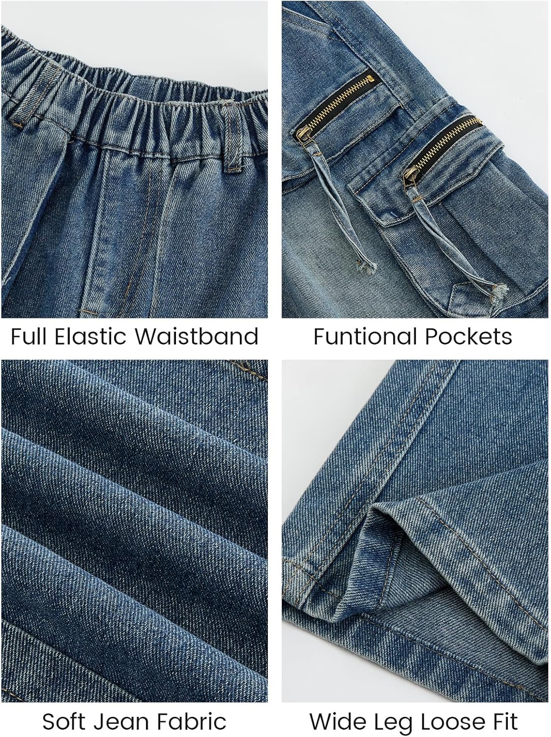 JiAmy Boys Baggy Jeans Wide Leg Elastic Waist Pants Denim Cargo Trousers with Pockets Casual Streetwear 7-15Y