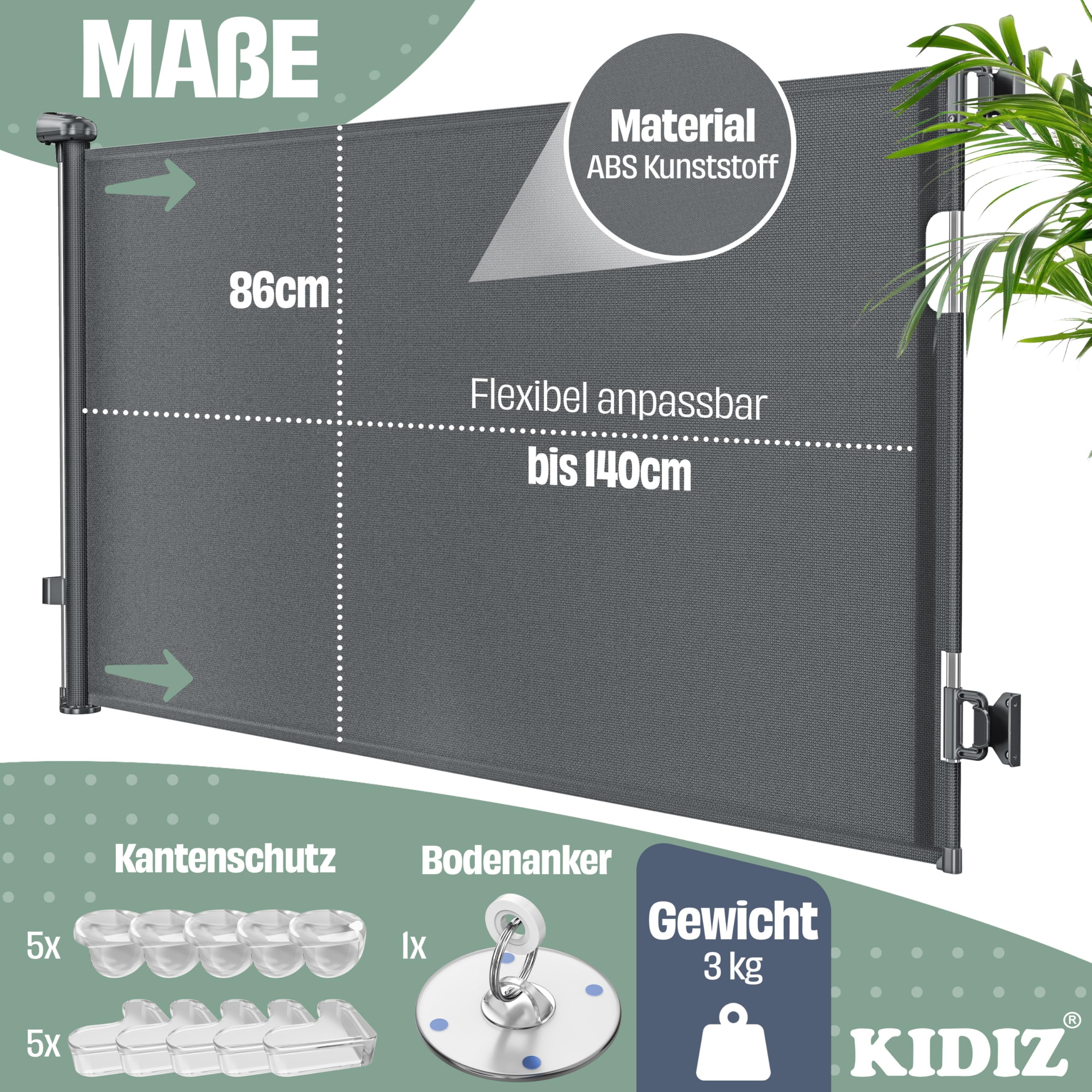 KIDIZ® Rejilla protectora para escaleras, extensible, 0 – 140 cm, rejilla de seguridad para niños para bebés y mascotas, rejilla de protección para escaleras y puertas, incluye anclaje al suelo y