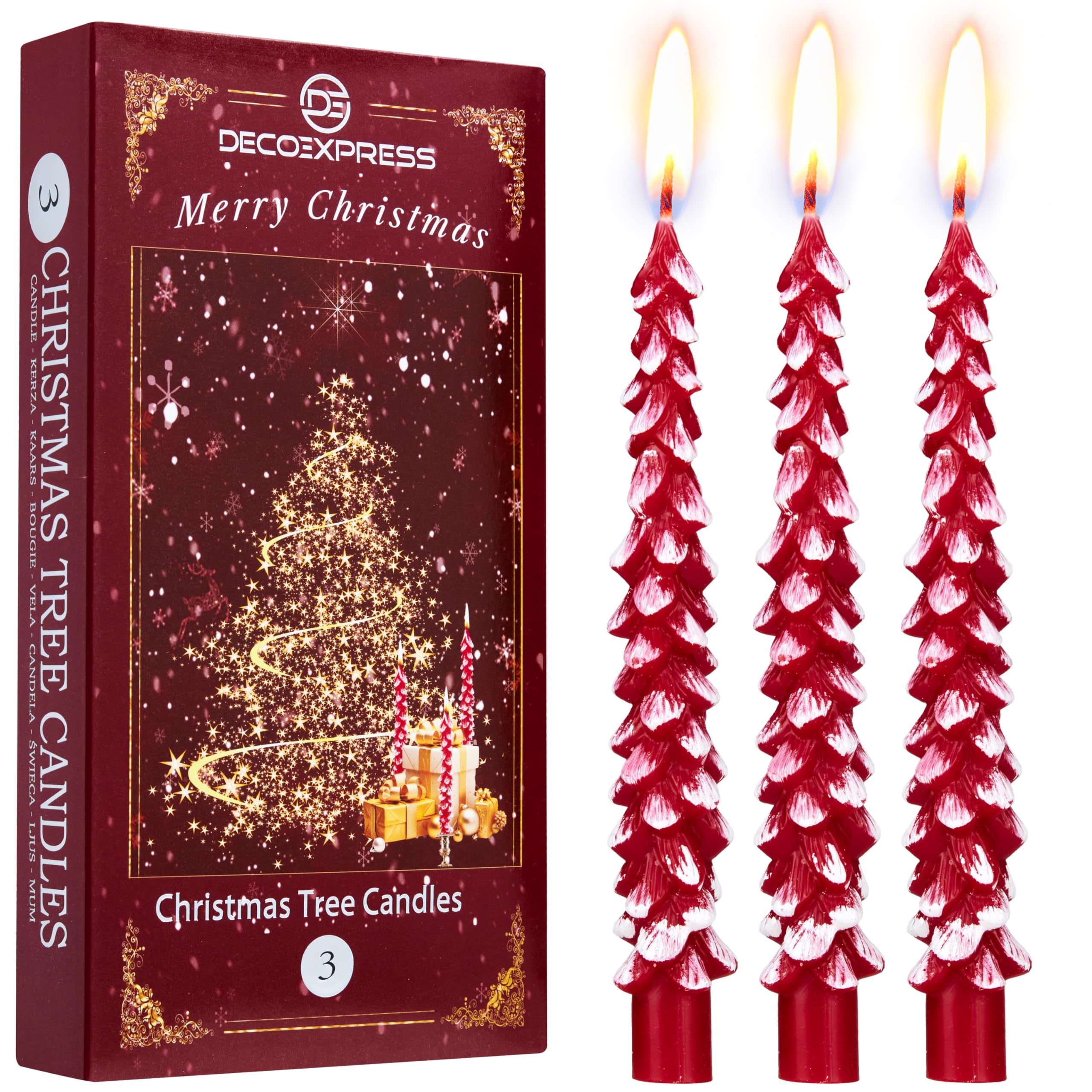 Deco Express Red/White Christmas Tree Candles Set Of 3 Or 6, Dinner Candles 7 Hr Burn, Table Centrepiece Festive Decor Xmas Holiday, Gift Set Home Decoration (, 3 Pcs)