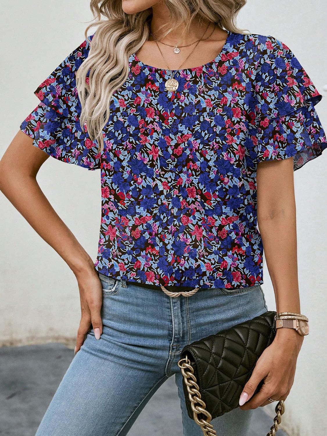 Womens Tops Dressy Casual Floral Crewneck Flutter Sleeve Tops Flowy Shirts Chiffon Blouses Business Clothes - Image 3