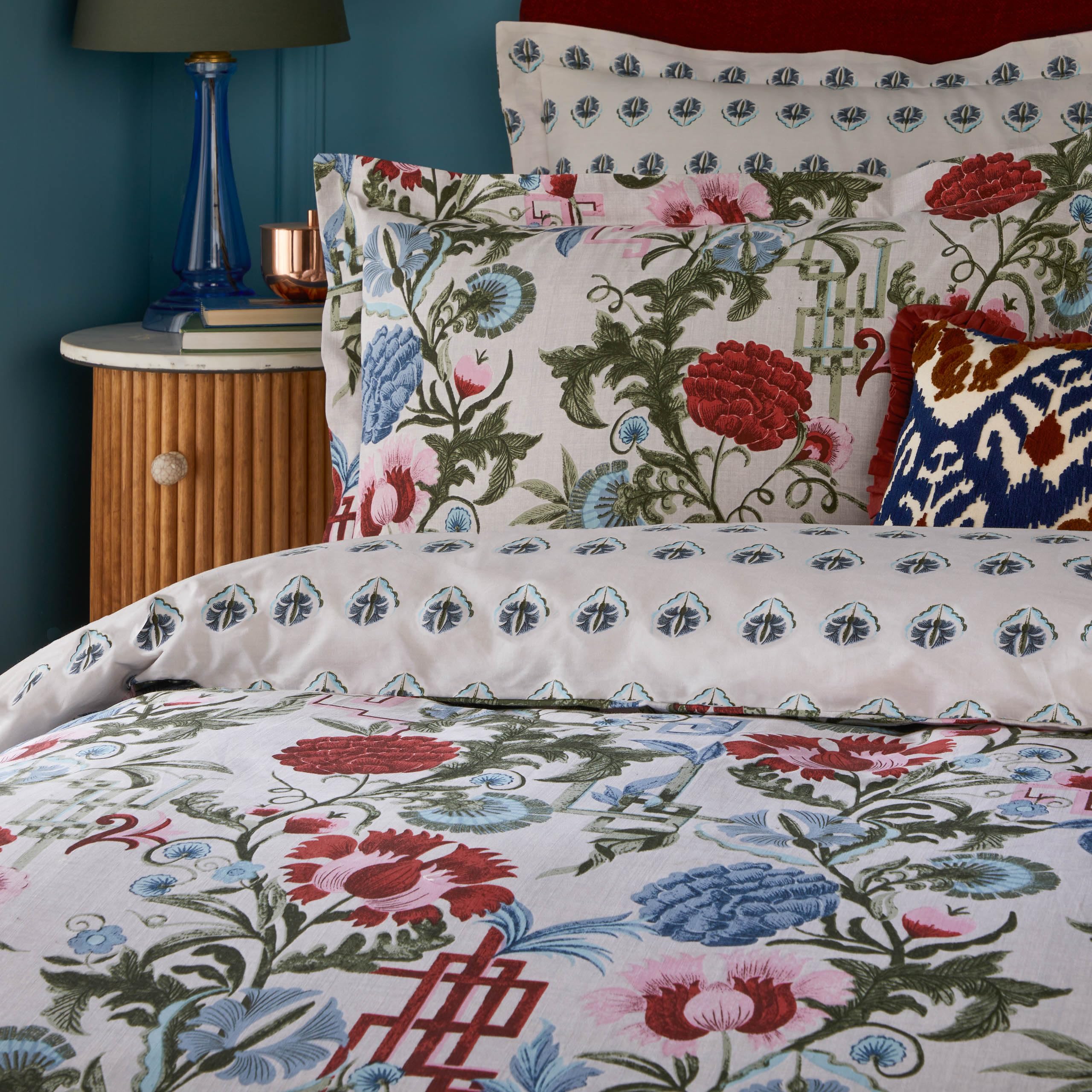 Seventy Three Ishana Floral Cotton Rich Duvet Cover Set, Red Currant/French Blue, Double - Image 2