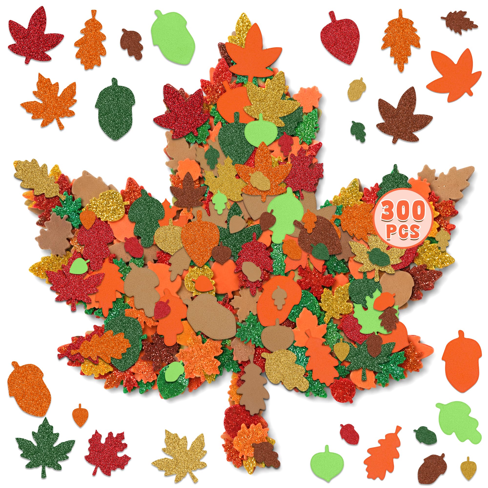 Lot de 300 autocollants d'automne, autocollants en mousse d'érable à paillettes en forme de feuille, décorations de Thanksgiving, décoration en mousse à motifs colorés pour enfants, loisirs créatifs