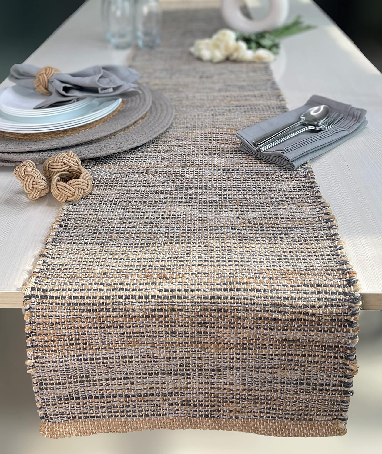 Chardin home Natural Jute Table Runner 13x108 Inch – Vintage Boho Rustic Table Decor – Handwoven Long Table Runner in Natural Jute and Grey – Farmhouse Dining or Console Table Accent