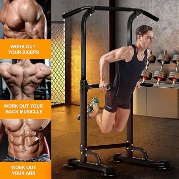 DlandHome Multi-Function Power Tower Adjustable Height Pull Up and Dip Station Strength Training Fitness Workout Station