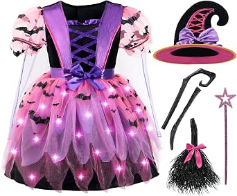 Girls Light Up Witch Costume with Hat and Broom - Toddler to Large Sizes