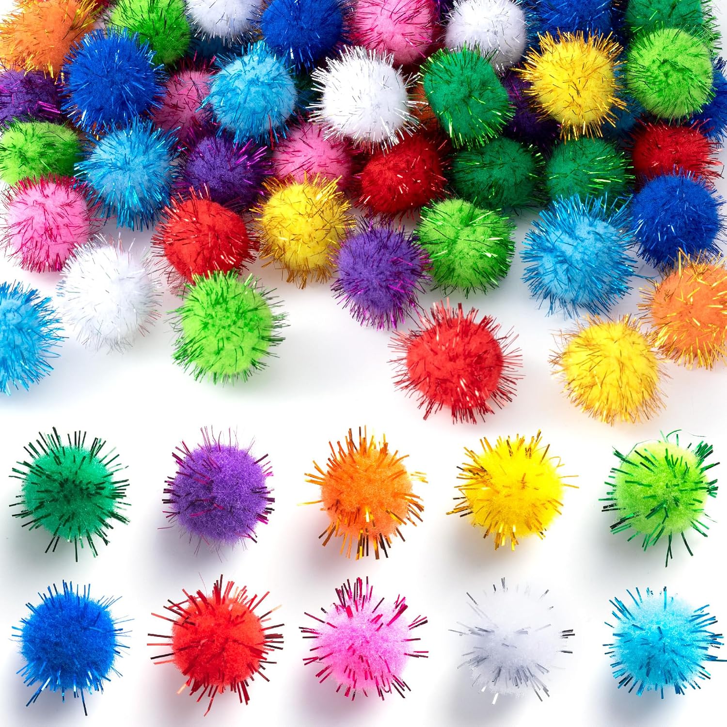 Alpinleux 100 Pcs Glitter Pom Pom Balls, Assorted Sparkle Pom Poms, Glitter Fluffy Craft Pompoms, Multicolor Soft Pompoms for Art Crafts, DIY Decorations (0.98 inch)