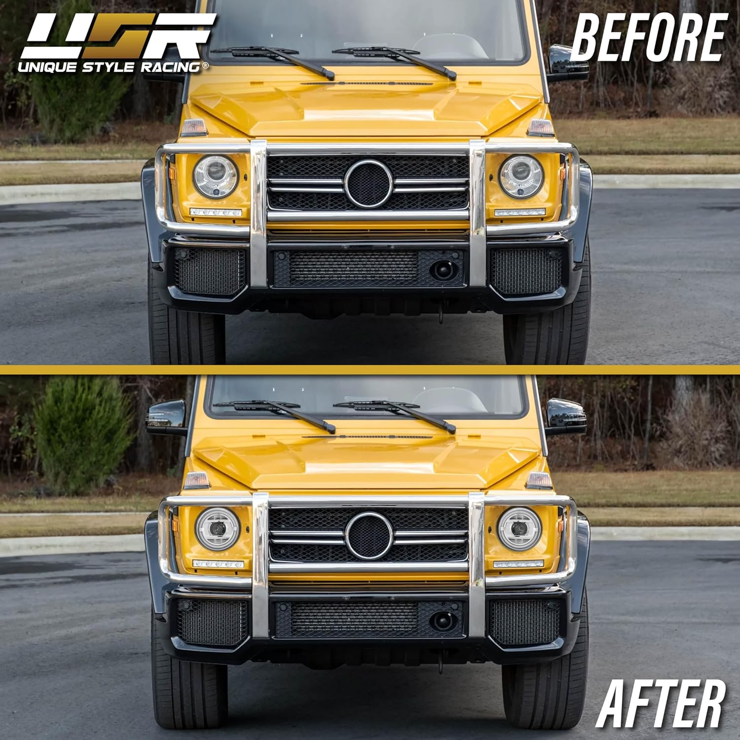 USR 07-18 G Class Wagon Headlight – Xenon Projector Head Lamps + x2 Philips D2S HID Bulbs (Left + Right) Pair - Compatible with 2007-2018 Mercedes G-Wagon W463 (W464 UPDATED STYLE HALO WHITE LED RING)