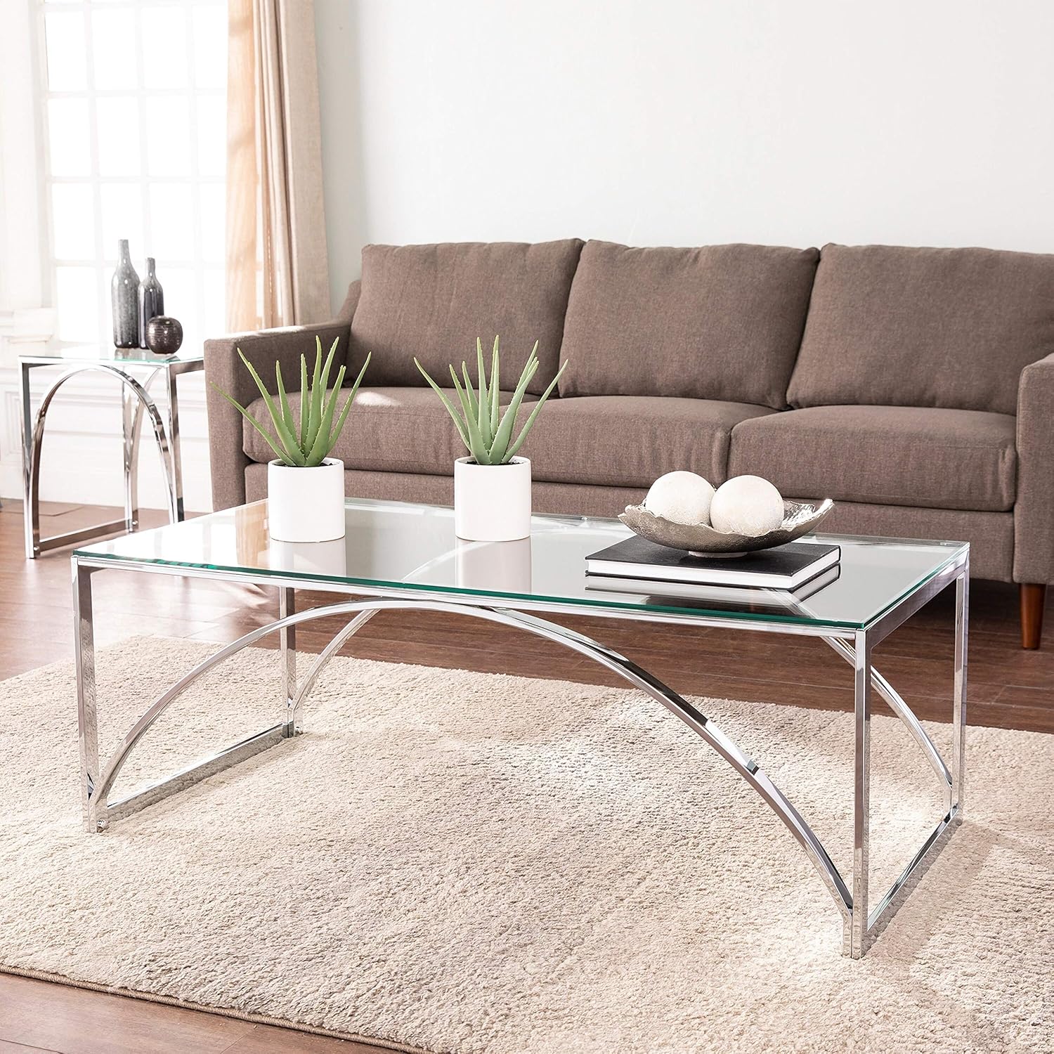 Misc Contemporary Silver Glass Cocktail Table Glam Modern Rectangle Iron Chrome Finish Includes Hardware