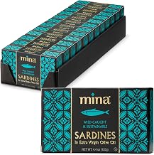 Mina Sardines in Extra Virgin Olive Oil, 4.4 Ounce Wild Caught Sardines, Responsibly Sourced, Packed By Hand, Low Sodium, High in Protein, Keto, Paleo, Sardines in Olive Oil (Pack of 12)