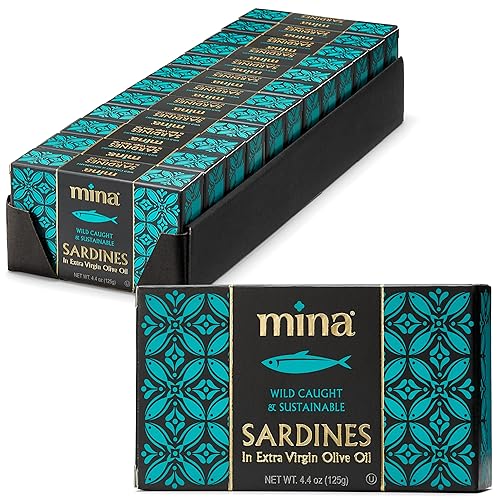 Mina Sardinas en aceite de oliva virgen extra, 4.4 onzas de sardinas capturadas en la naturaleza, de origen responsable, empaquetadas a mano, bajo